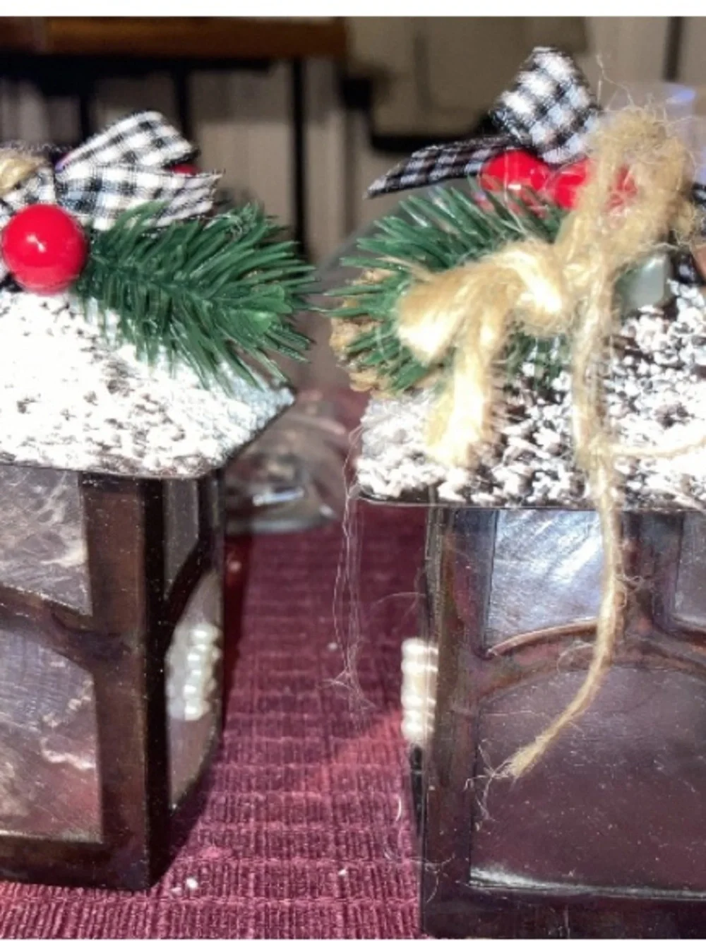 Festive Christmas Holiday Lantern Ornaments with Pinecone Accents Set of 4